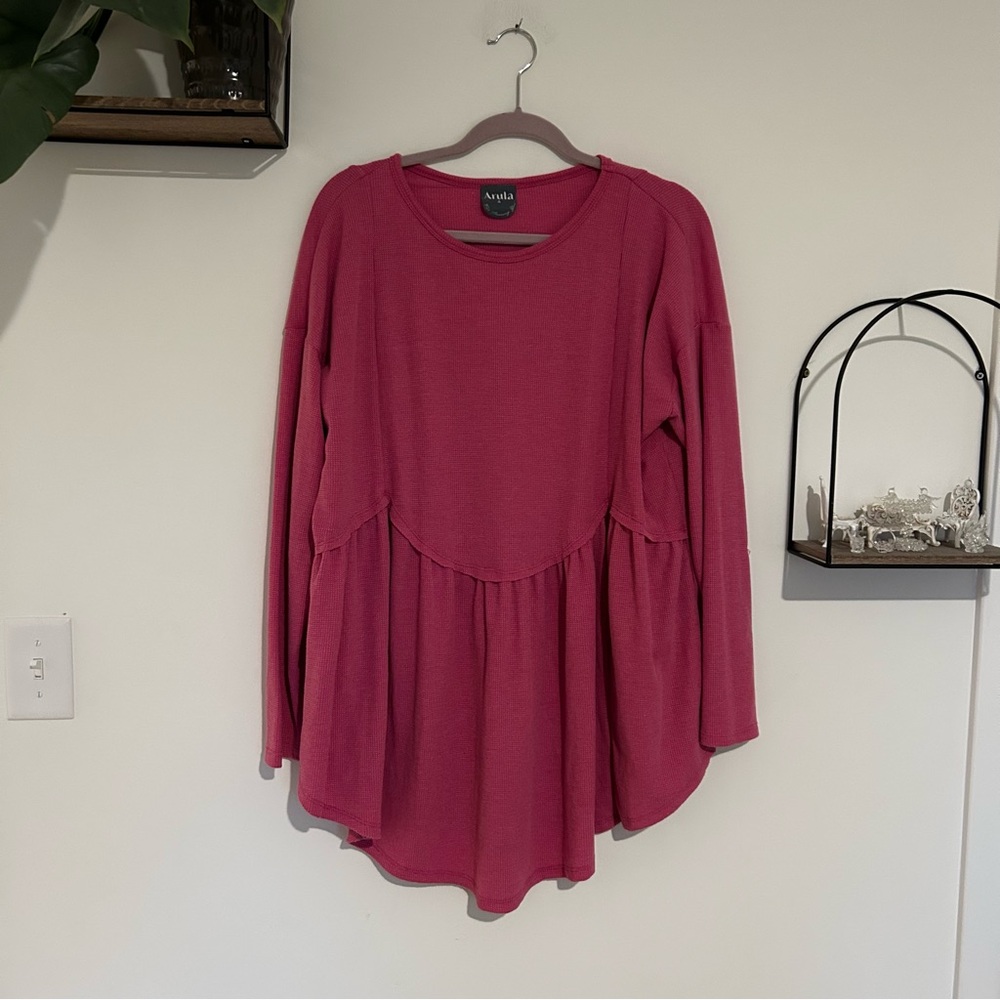 Arula Pink Waffle Knit Long Sleeve Draped Blouse Shirt Top Size A (14/16)